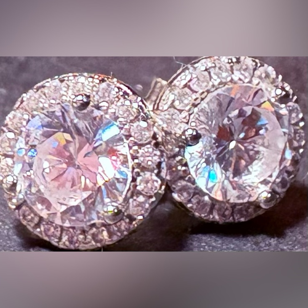 Elegant 925 inscribed  Halo Silver Cubic Zirconia Stud Earrings